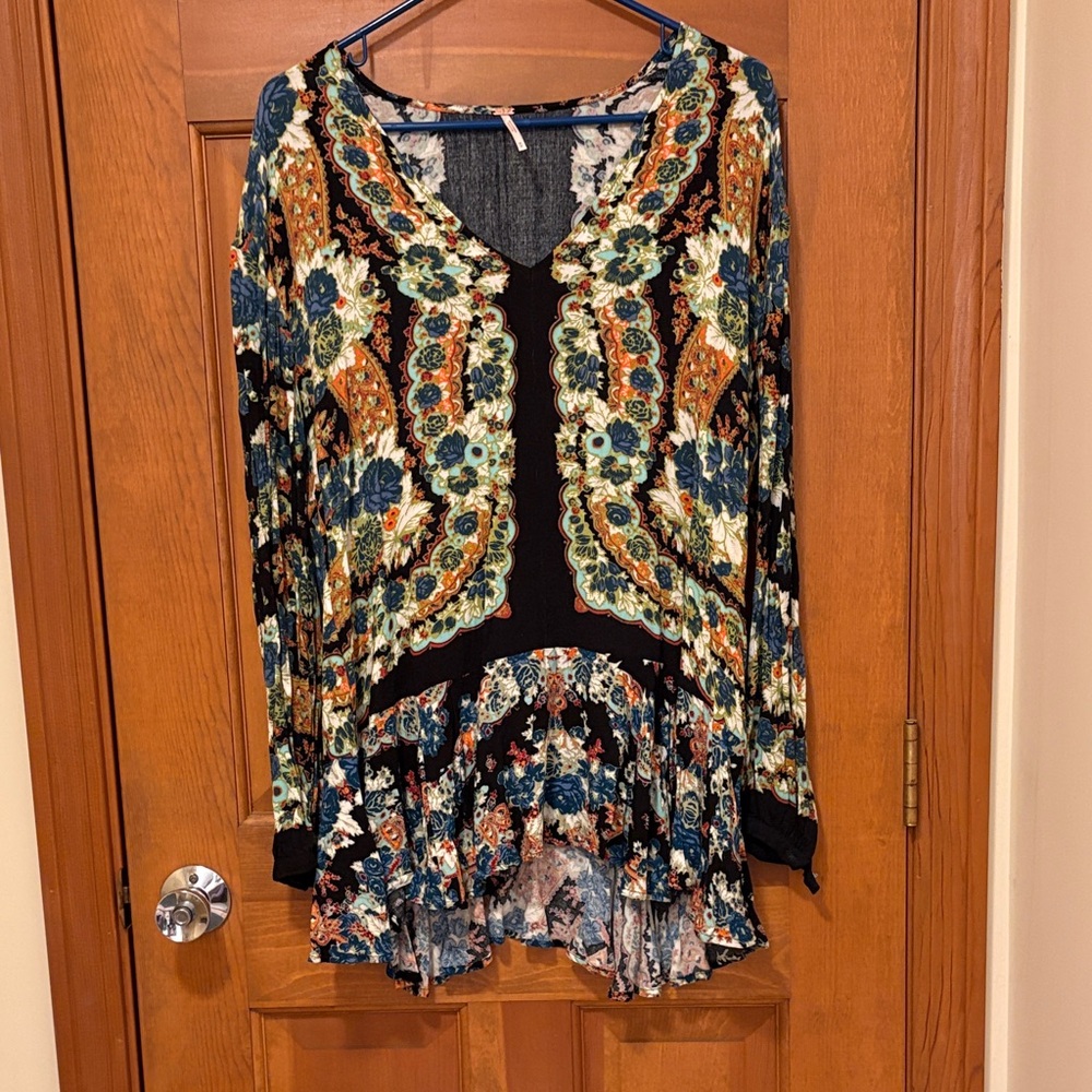 Free People Floral Paisley V-Neck Tunic in Black, Teal, Rust, Cream